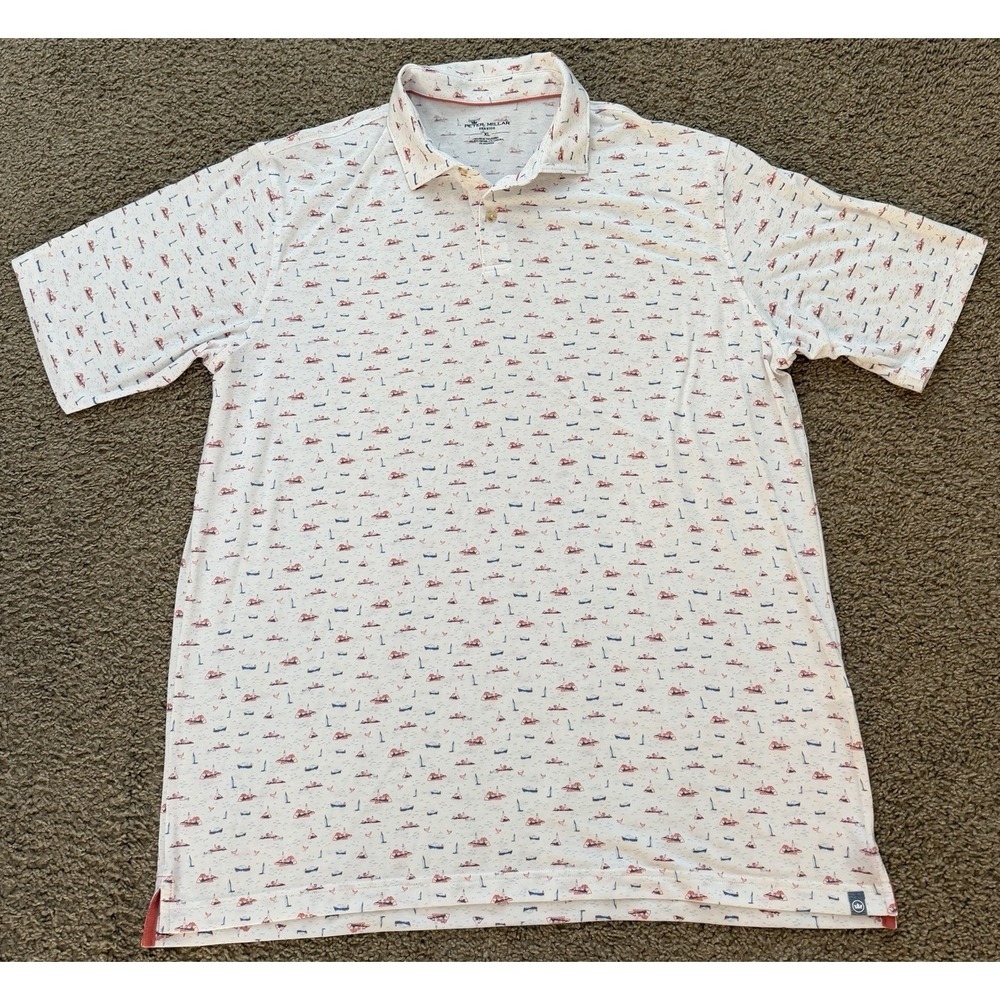 Peter Millar Seaside Polo Shirt Mens Size XL White Lighthouse Boat Print Island